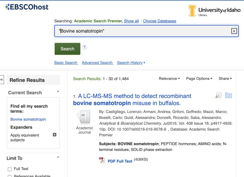 Bovine somatotropin with boolean quotes around it yielding 1,207 results