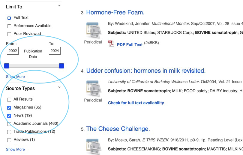 Publication date and Media type filters in Academic Search Premier