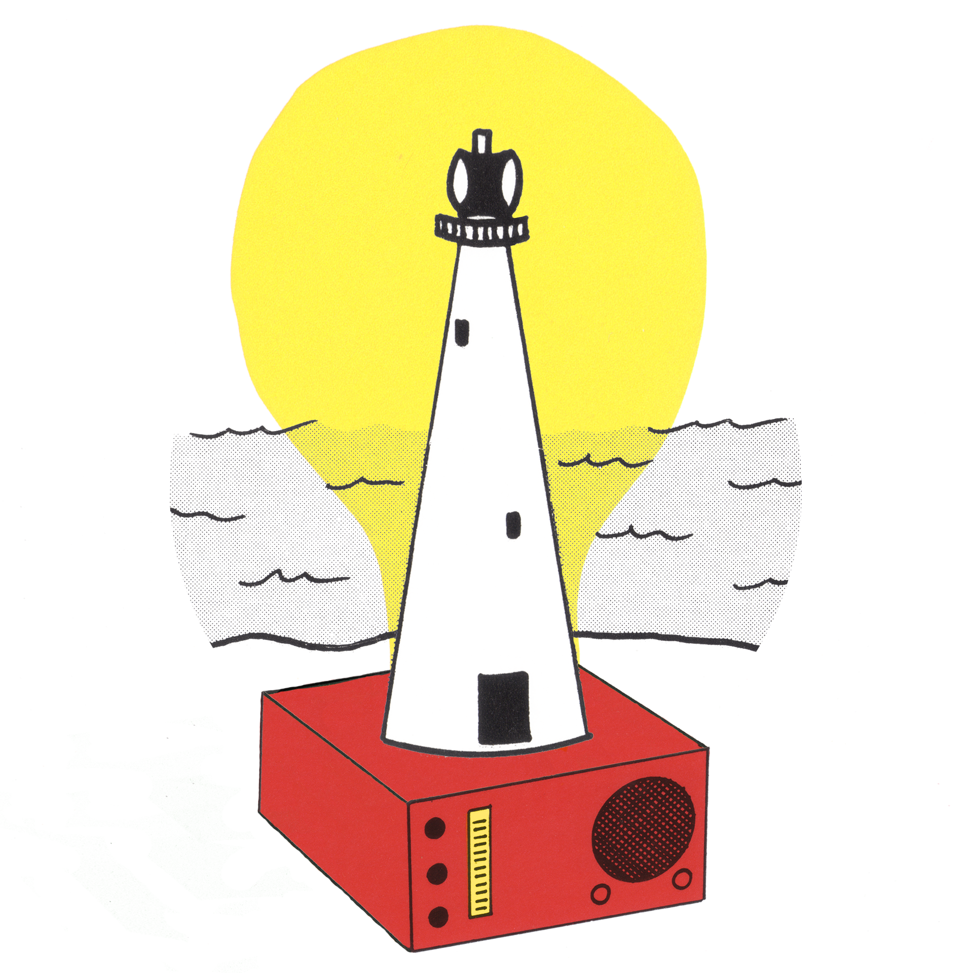 Opticolumn logo of a lighthouse on top of a book with the sea in the distance.