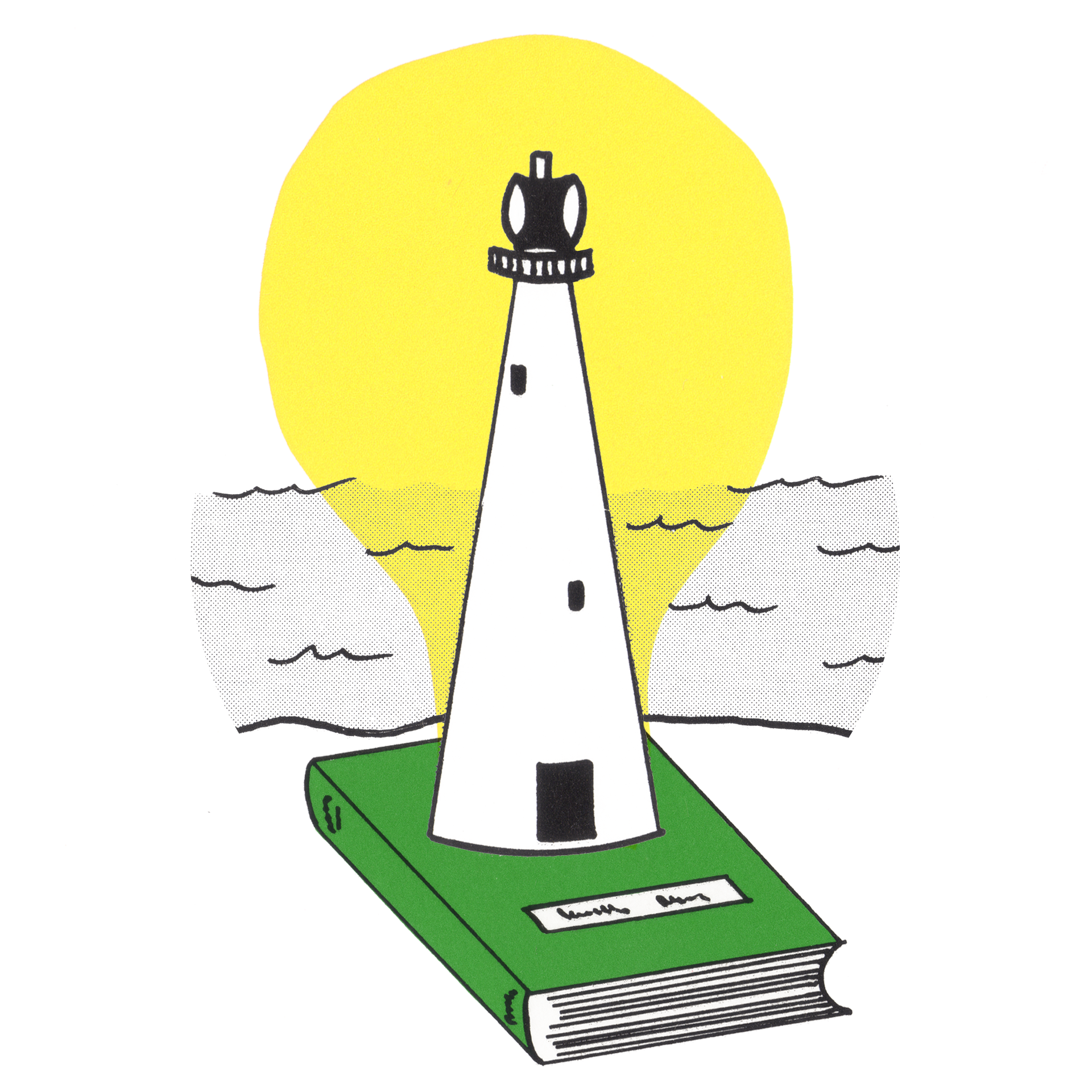 Opticolumn logo of a lighthouse on top of a book with the sea in the distance.