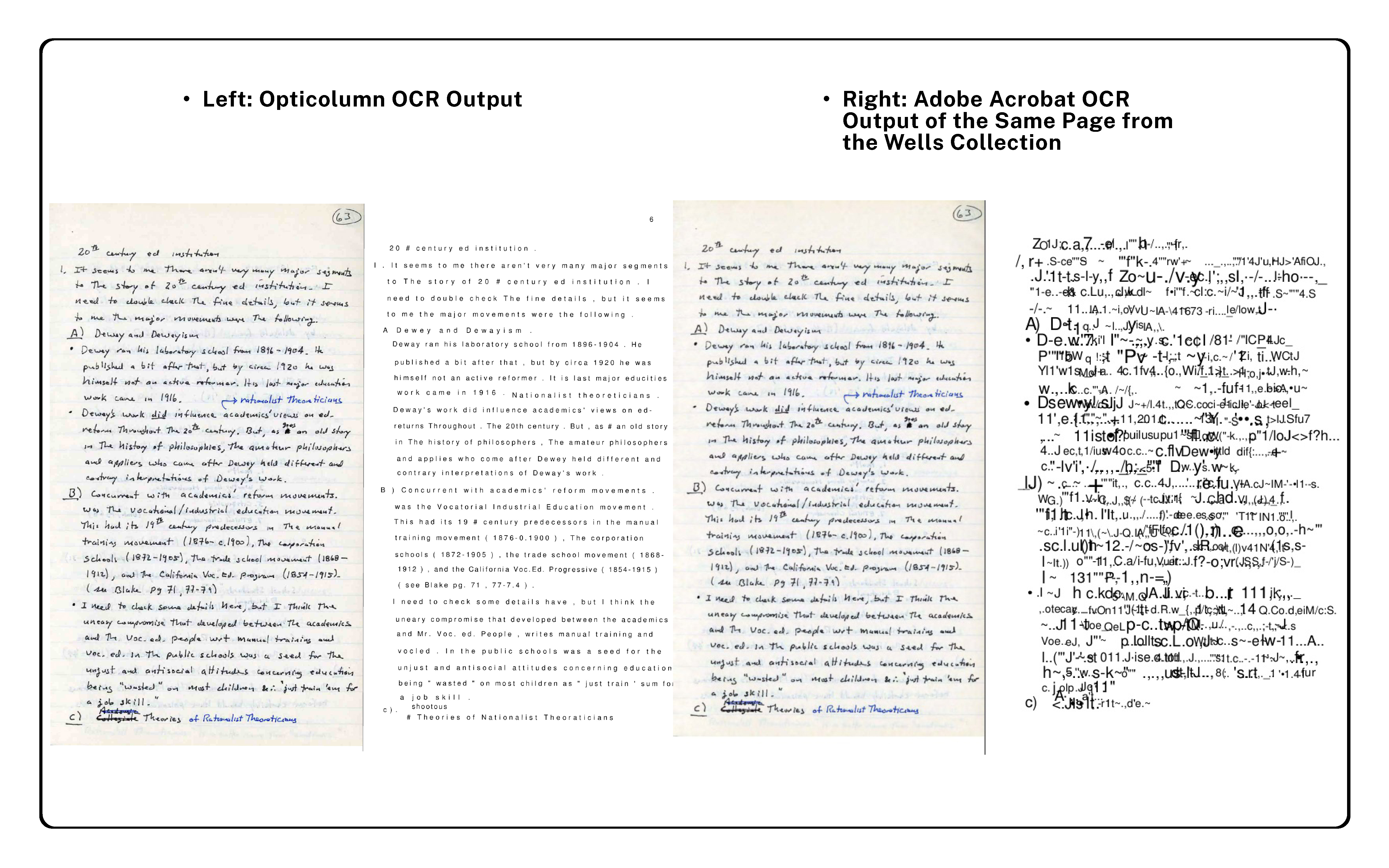 Two pages of text, one labeled Left Opticolumn OCR Output and the other labeled Right Adobe Acrobat OCR Output of the Same Page from the Wells Collection. The left page contains handwritten text with some blue highlights, while the right page displays the same text in a more structured format with blue highlights and corrections.