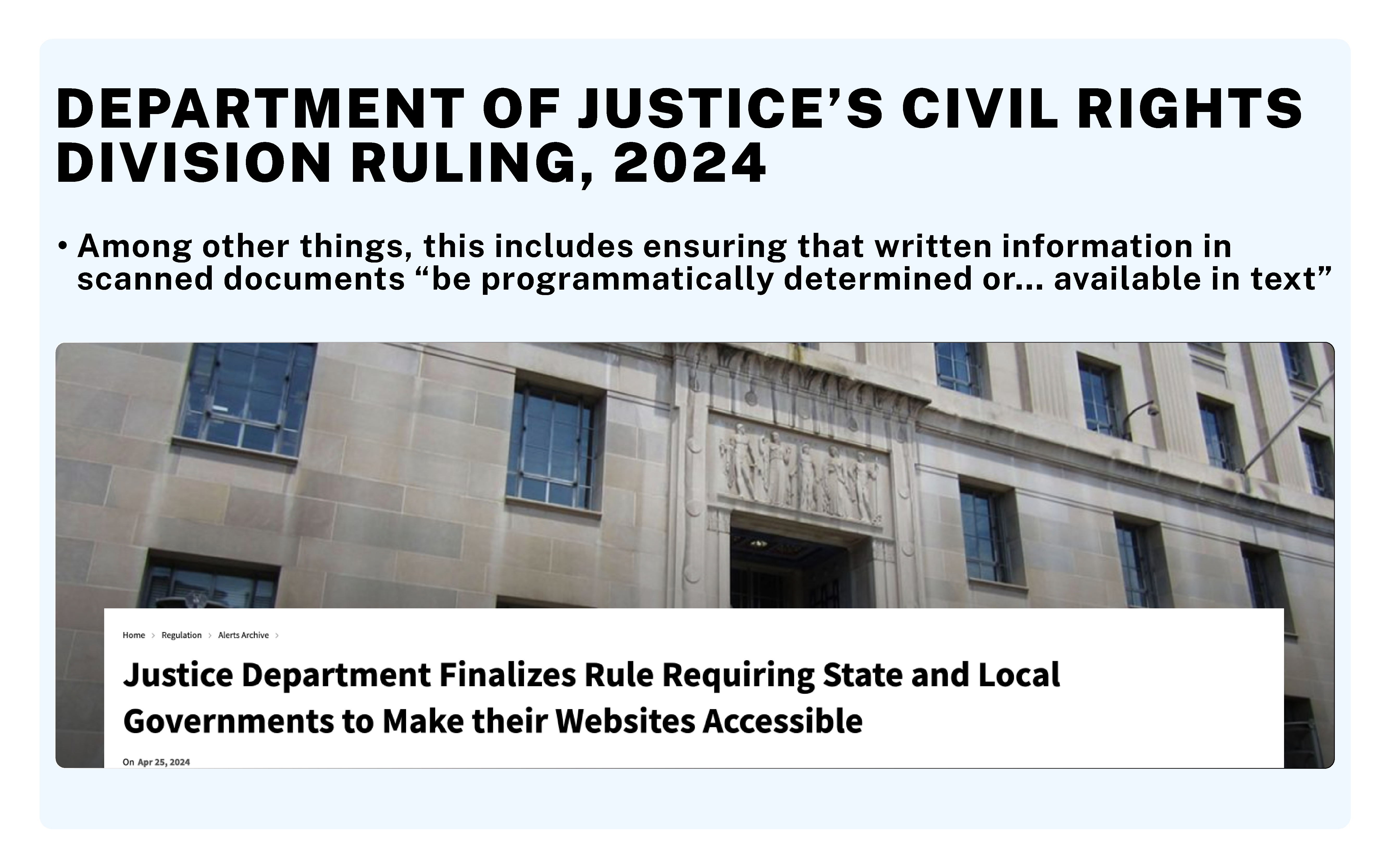 A building with a stone facade and windows, featuring a carved relief above the entrance. Below the building, there is a news article headline that reads DEPARTMENT OF JUSTICE’S CIVIL RIGHTS DIVISION RULING, 2024.