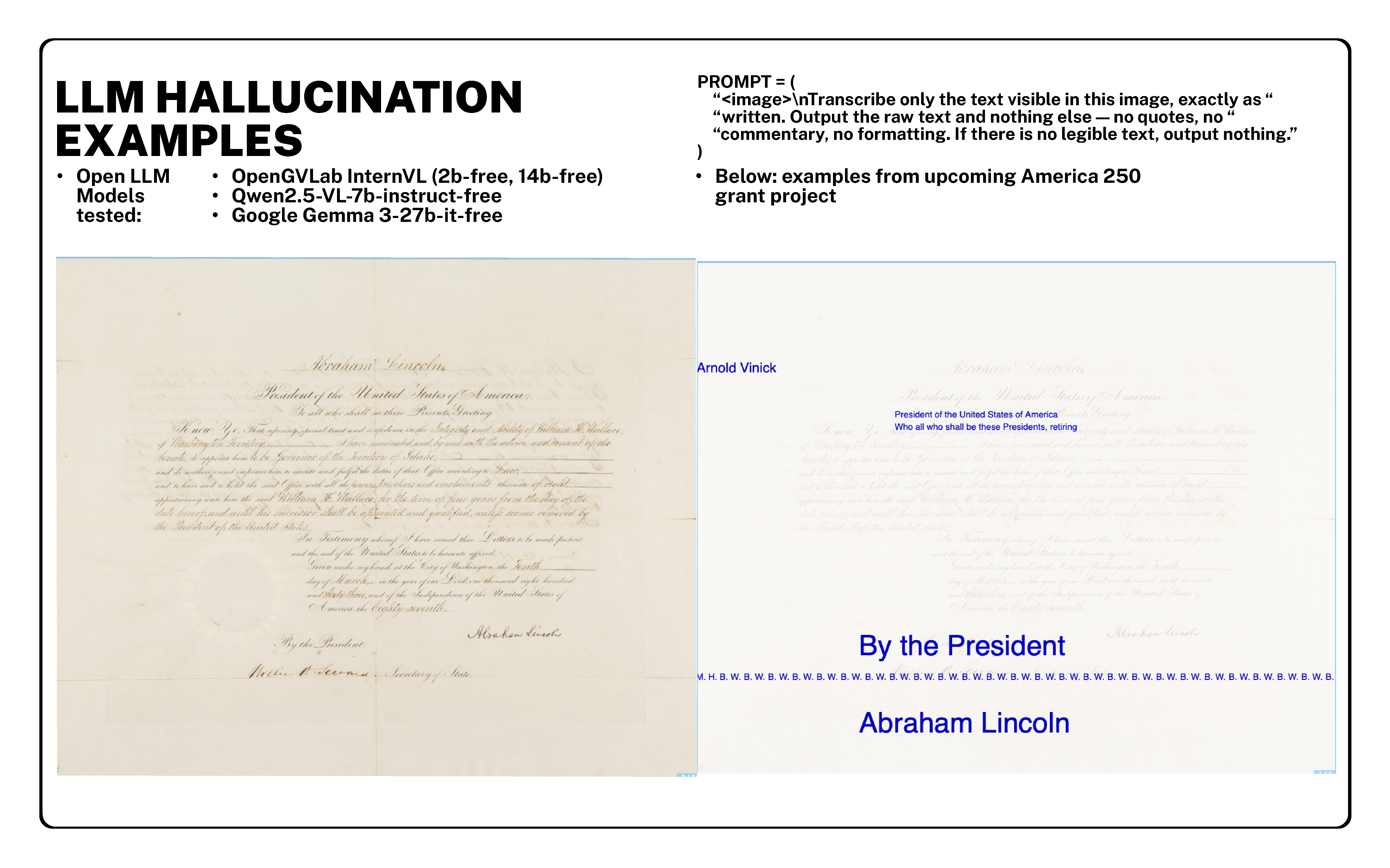 A document with handwritten text, labeled Aron T. Vickers, and a title By the President followed by Abraham Lincoln.