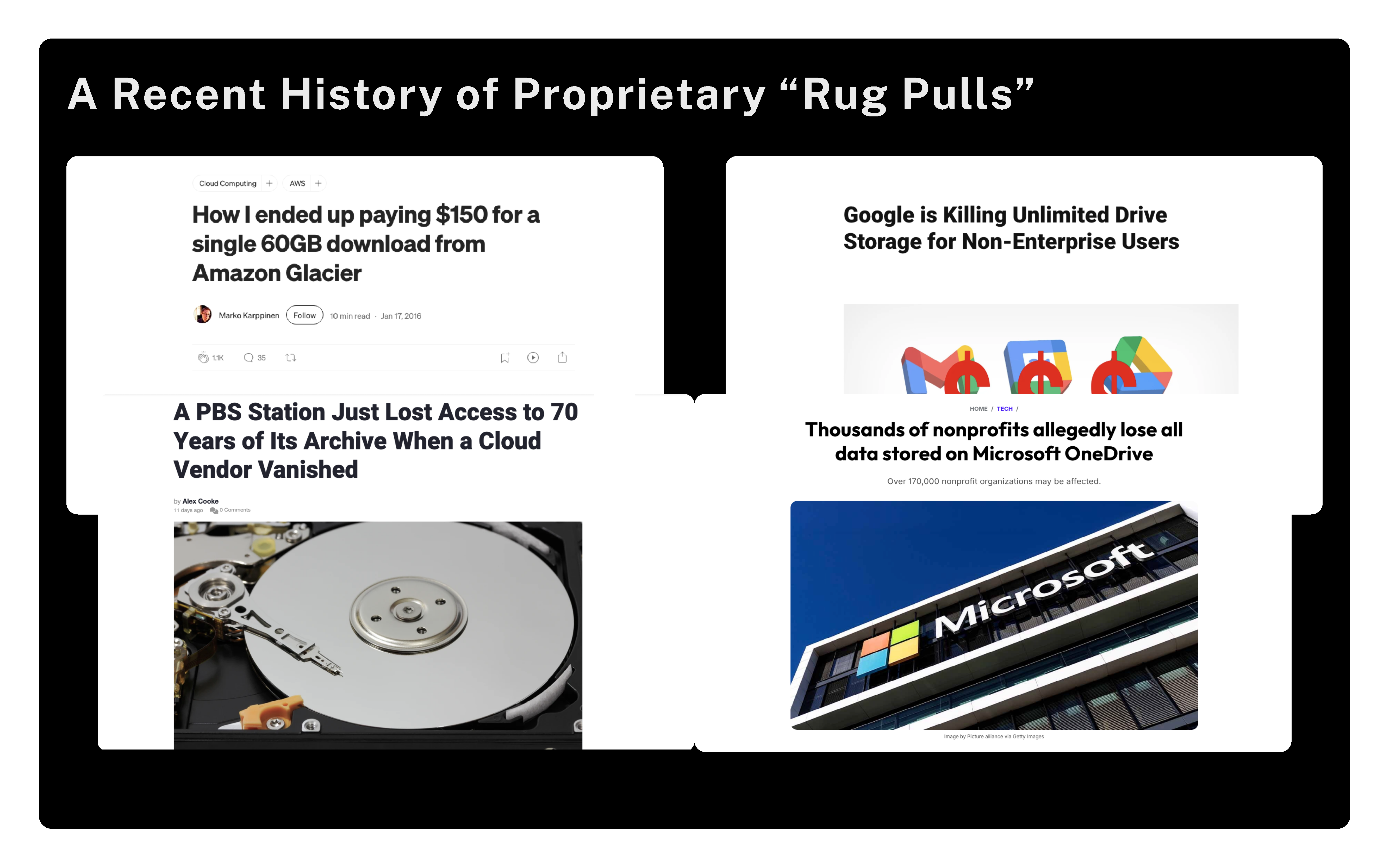 A Recent History of Proprietary 'Rug Pulls' in four news articles.