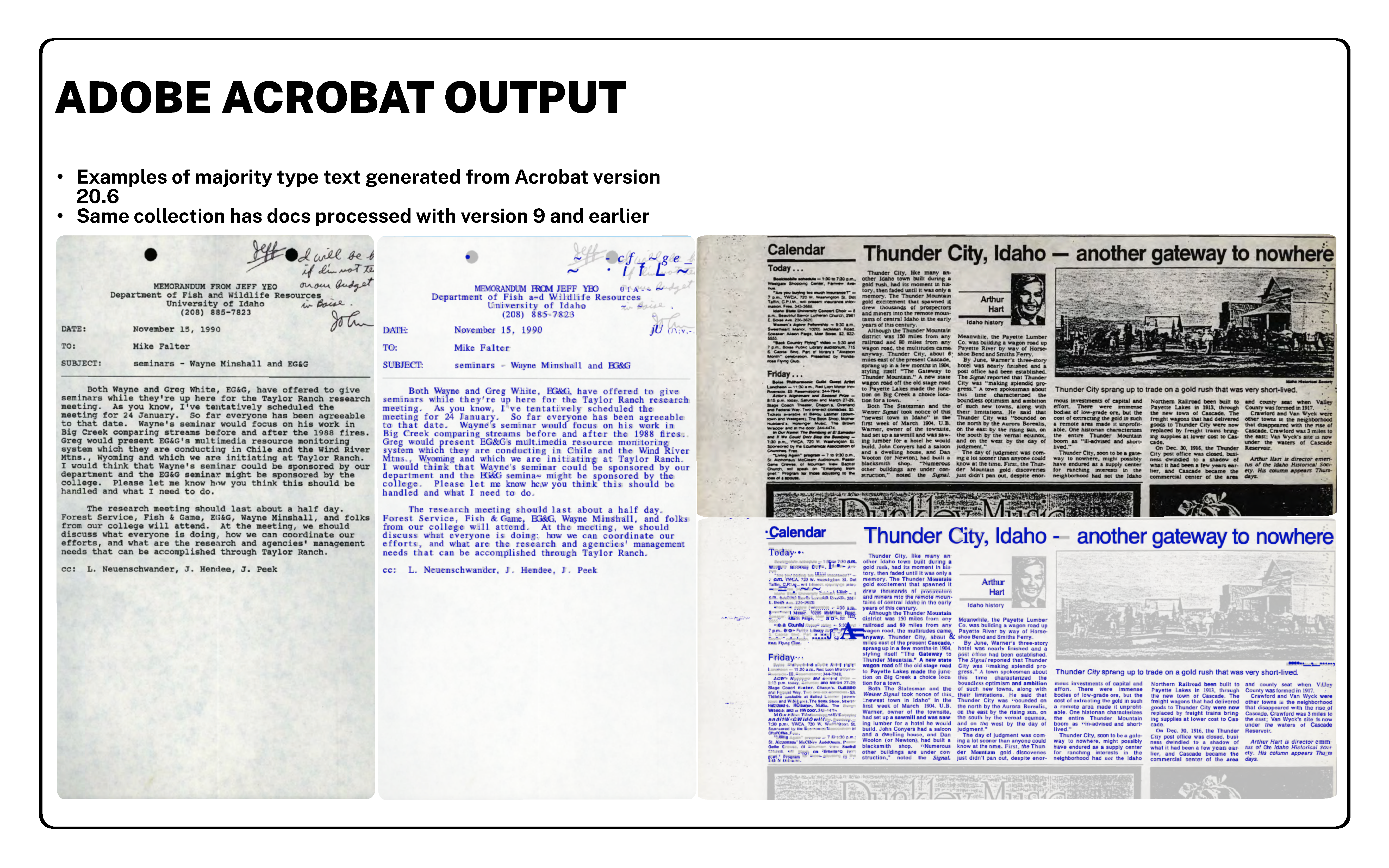 A document titled ADOBE ACROBAT OUTPUT with examples of majority text generated from Acrobat version 20.6, highlighting that the same collection has documents processed with version 9 and earlier. The left side of the document contains a lengthy typed text, while the right side displays a newspaper article about Thunder City, Idaho, with a headline Thunder City, Idaho – another gateway to nowhere and accompanying images.