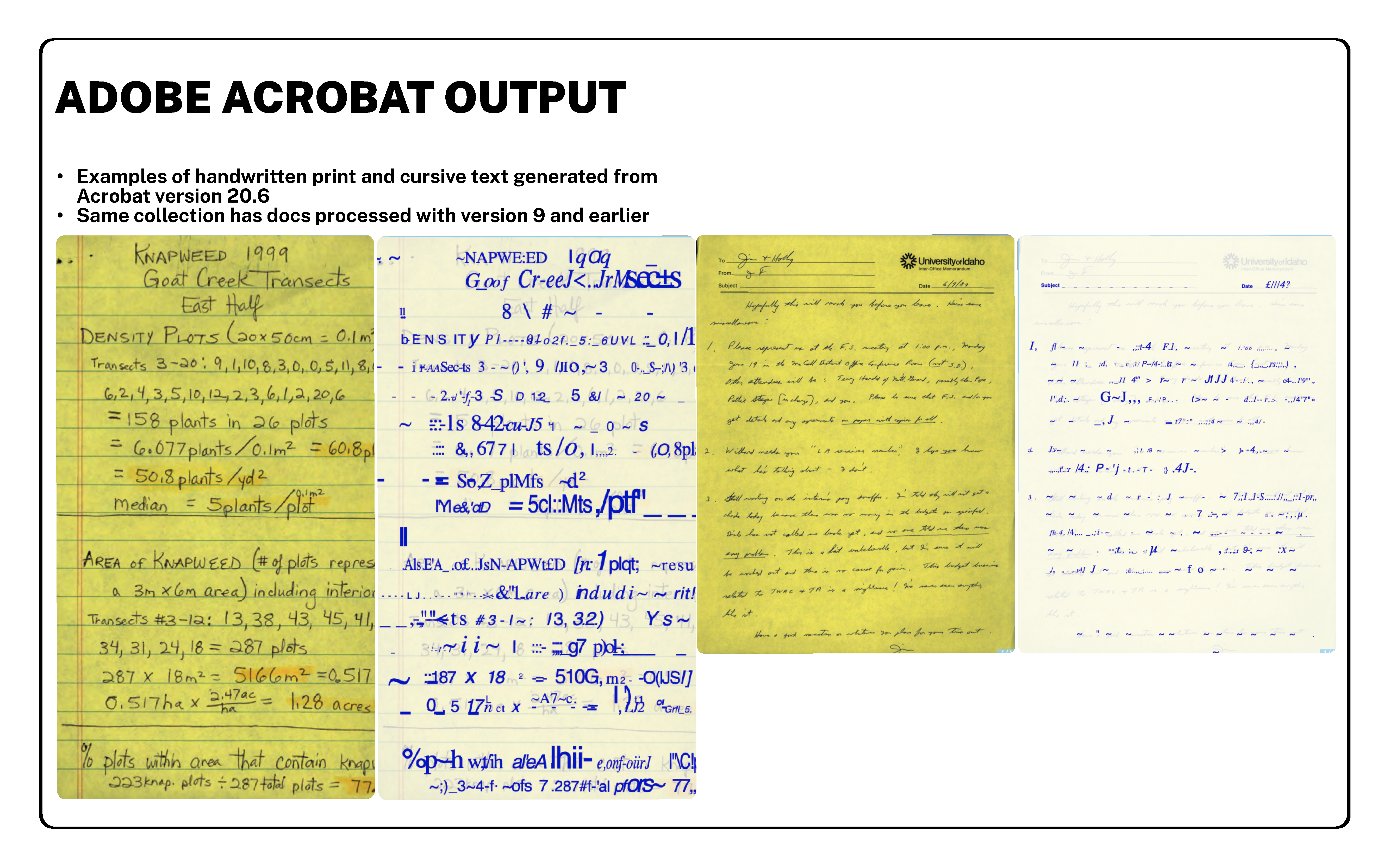 Handwritten notes and calculations in a notebook, with a title ADOBE ACROBAT OUTPUT at the top. The notes include examples of handwritten print and cursive text.