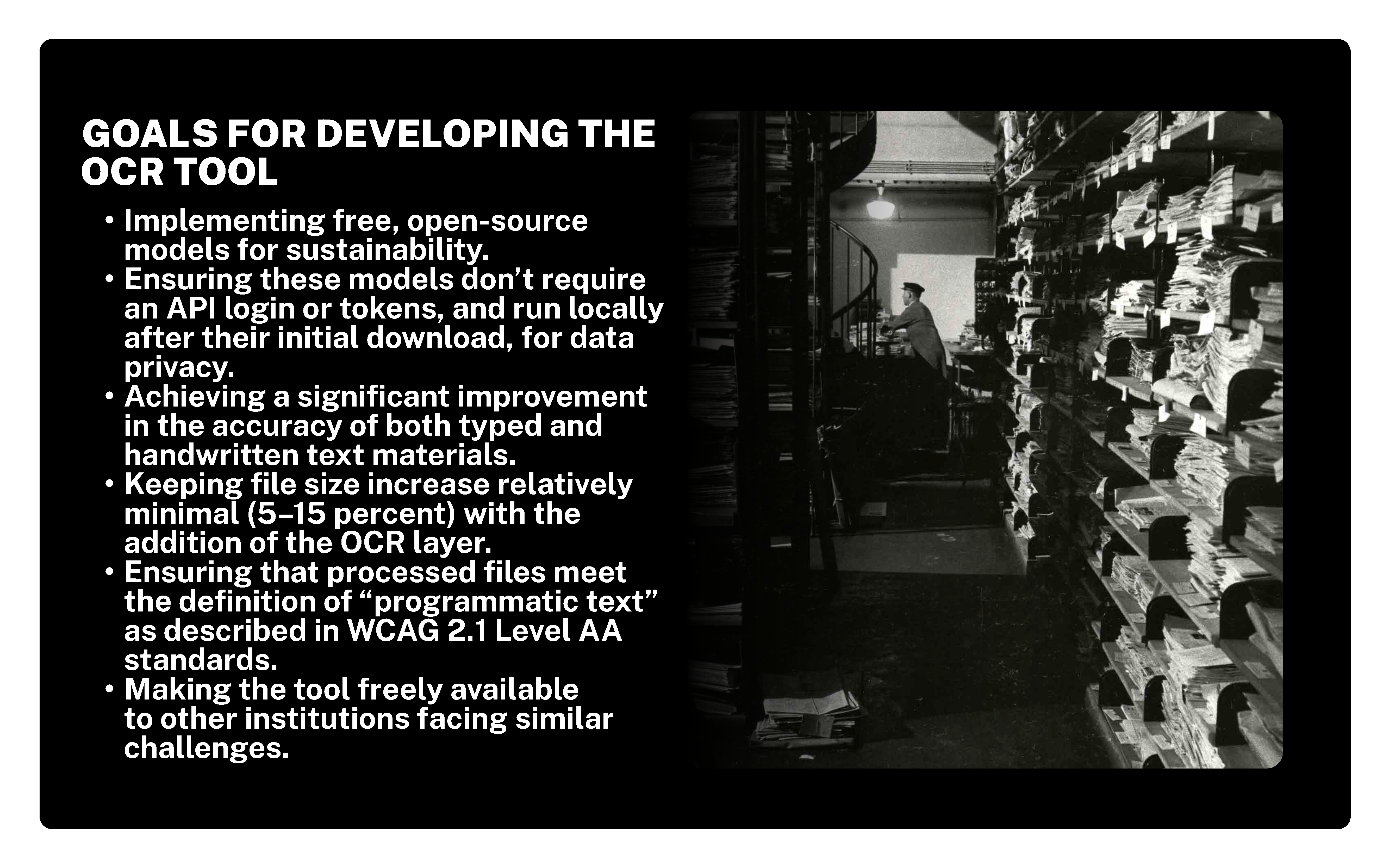 A person stands in a room filled with shelves, looking at documents. The image is black and white, with a title on the left side reading GOALS FOR DEVELOPING THE OCR TOOL.