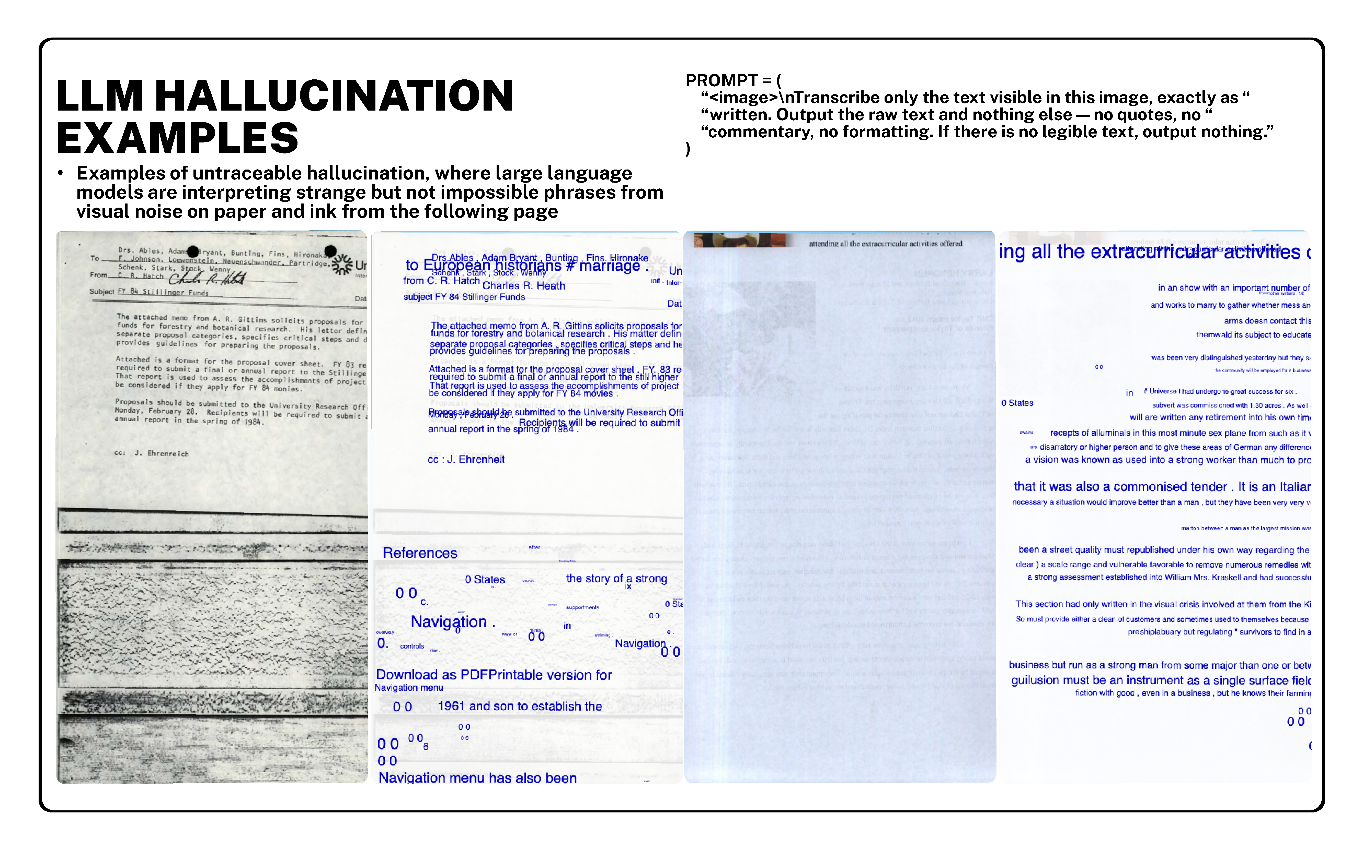 A document with visible text, accompanied by a section titled LLM HALLUCINATION EXAMPLES at the top.
