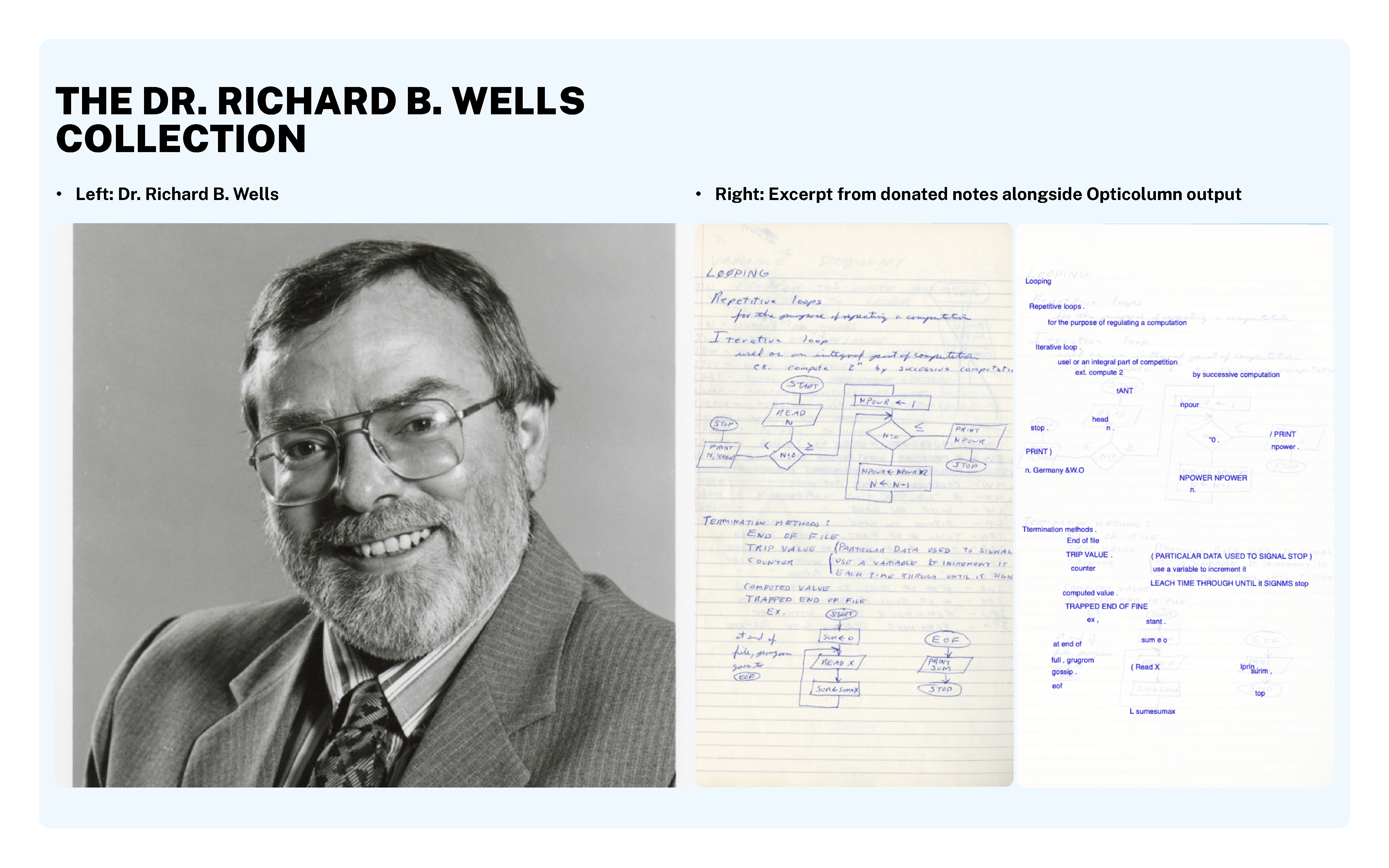 A black-and-white photograph of a smiling man with glasses and a beard, wearing a suit and tie, is on the left side of the image. To the right, there is a handwritten document with diagrams and notes, including sections labeled Opticolumn output and various technical terms and equations.
