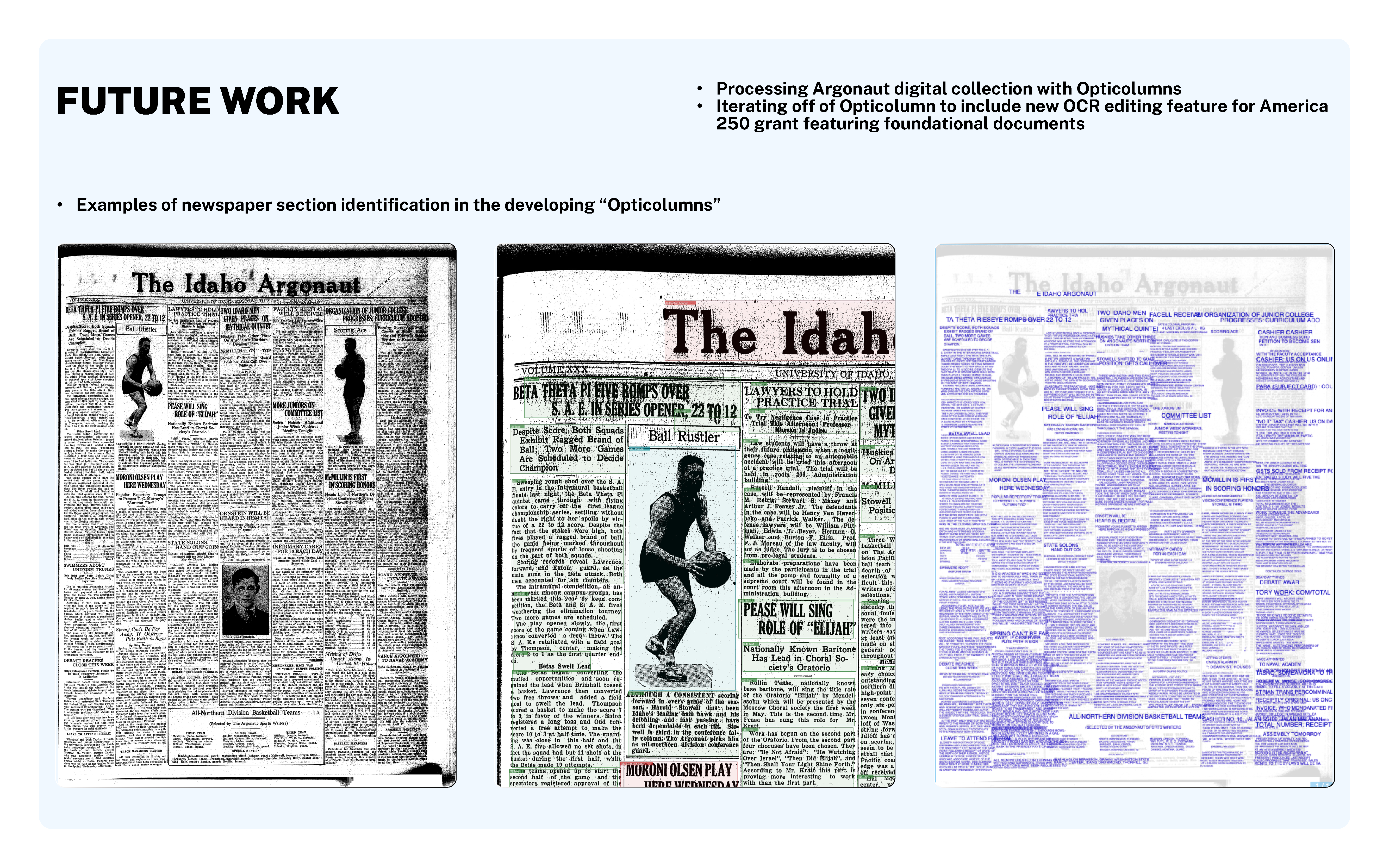 Three identical newspaper spreads from The Idaho Argonaut presented in different ways under the title Future Work.