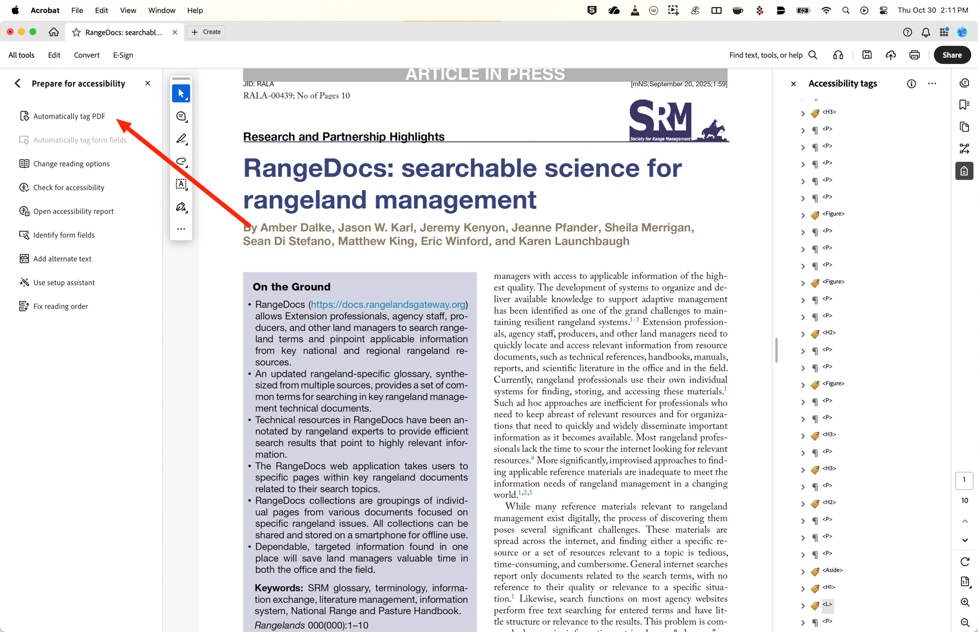 A document titled `RangeDocs: searchable science for rangeland management` by several authors including Amber Dalke and Jason W. Karl. It features an introduction about RangeDocs, a web application aimed at helping professionals search and manage rangeland resources efficiently. A section labeled `On the Ground` lists features like a glossary, technical resource annotations, and web application capabilities. Keywords include SRM glossary, terminology, and National Range and Pasture Handbook. An accessibility tools menu is visible on the left side.