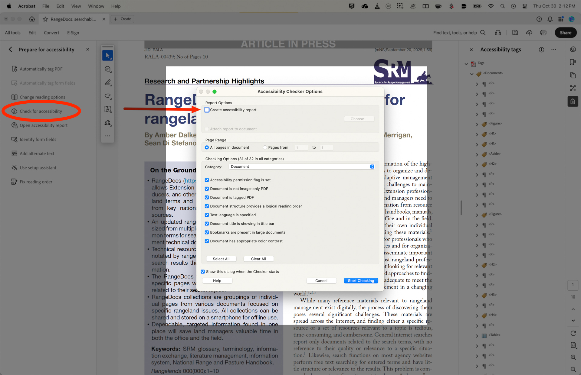 A digital document is open in a PDF viewer. The article is titled `Research and Partnership Highlights` with a focus on `Rangeland` by Amber Dalke and Sean Di Stefano. An `Accessibility Checker Options` dialog is open, showing various checked boxes related to document accessibility, such as `Document is tagged PDF` and `Document title is showing in title bar.` The right panel lists `Accessibility tags.` There are menu options along the top and bookmarks visible on the left.