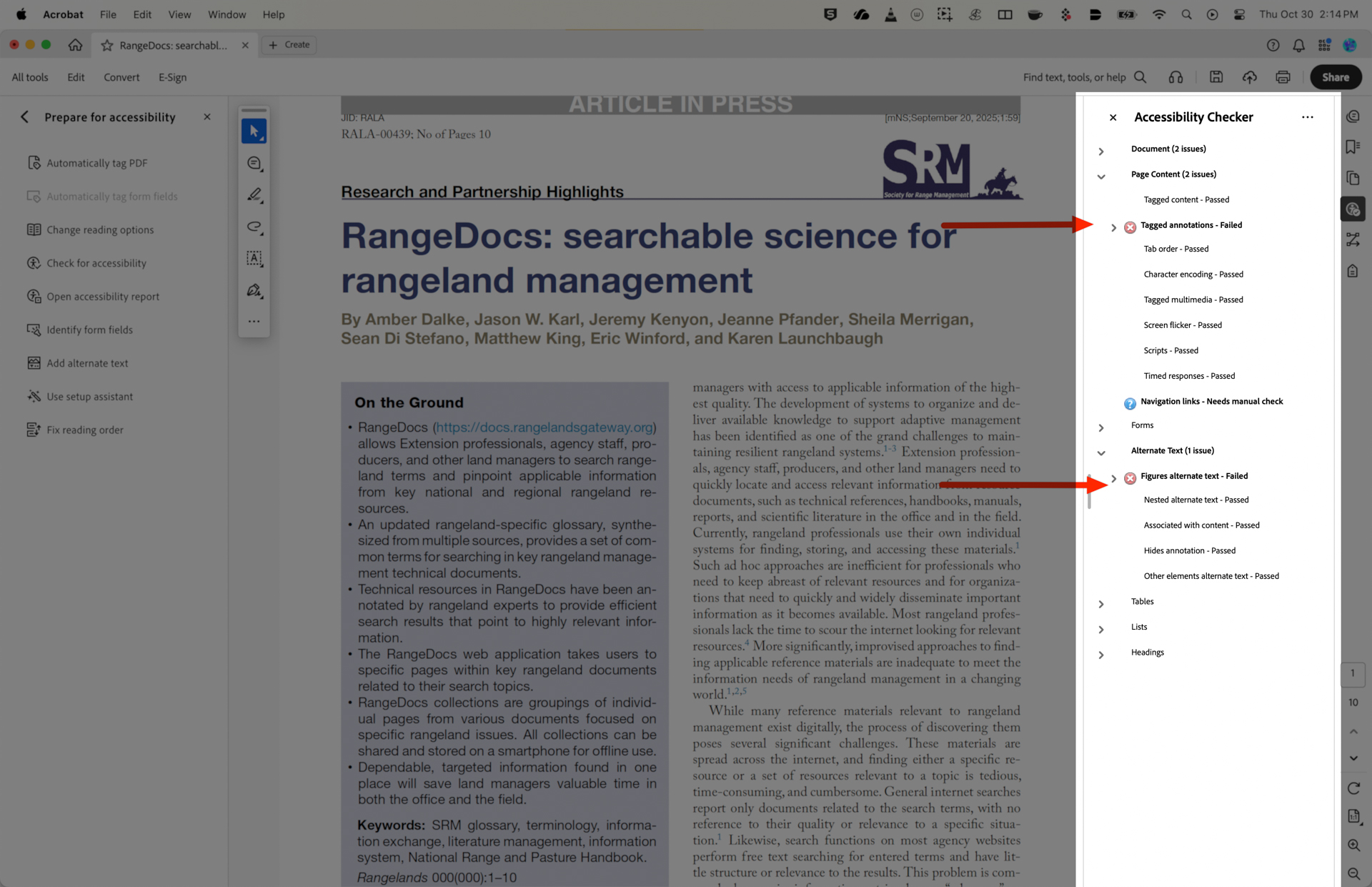A computer screen displaying a document titled `RangeDocs: searchable science for rangeland management` by several authors. It includes text about rangeland management tools and systems. To the right, an accessibility checker panel lists various accessibility checks, indicating both passed and failed elements, such as `Tagged annotations - Failed` and `Figures alternate text - Failed.` The panel offers options for preparing the document for accessibility.