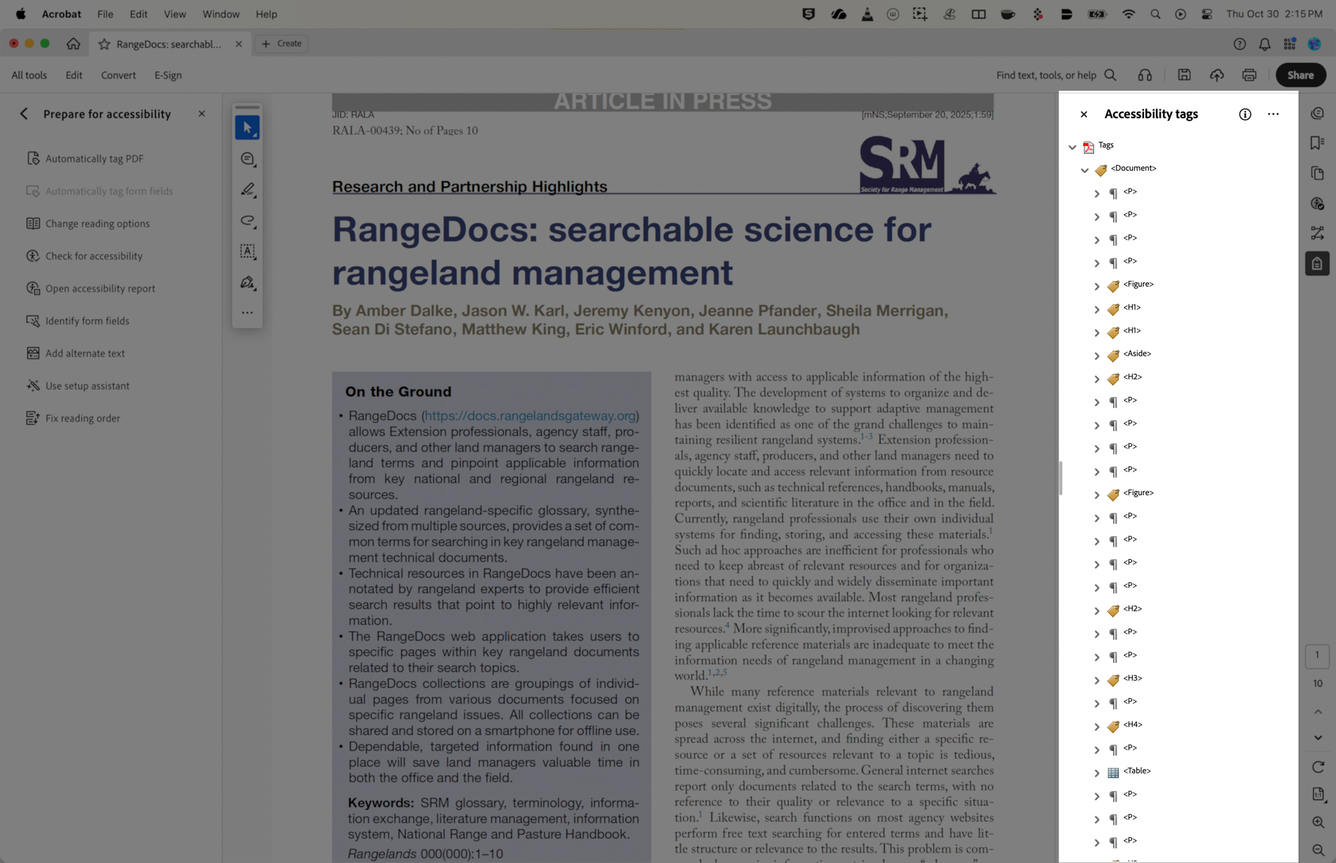 A document titled `RangeDocs: Searchable Science for Rangeland Management` by multiple authors is displayed. It is an article in press with the Society for Range Management logo. A section labeled `On the Ground` describes the RangeDocs application and its features, including a glossary and technical resources. Keywords listed include `SRM glossary` and `information exchange.` On the side, there is a panel showing accessibility tags for various document elements.