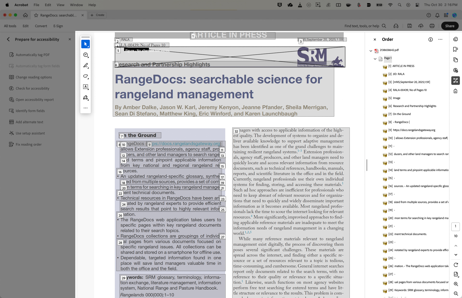 A document titled `RangeDocs: searchable science for rangeland management` by Amber Dalke and others is displayed. The article is part of the `Research and Partnership Highlights` series. Text outlines the benefits of RangeDocs, including a rangeland-specific glossary and tools for accessing relevant information. The document also includes navigation and table of contents features on the side.