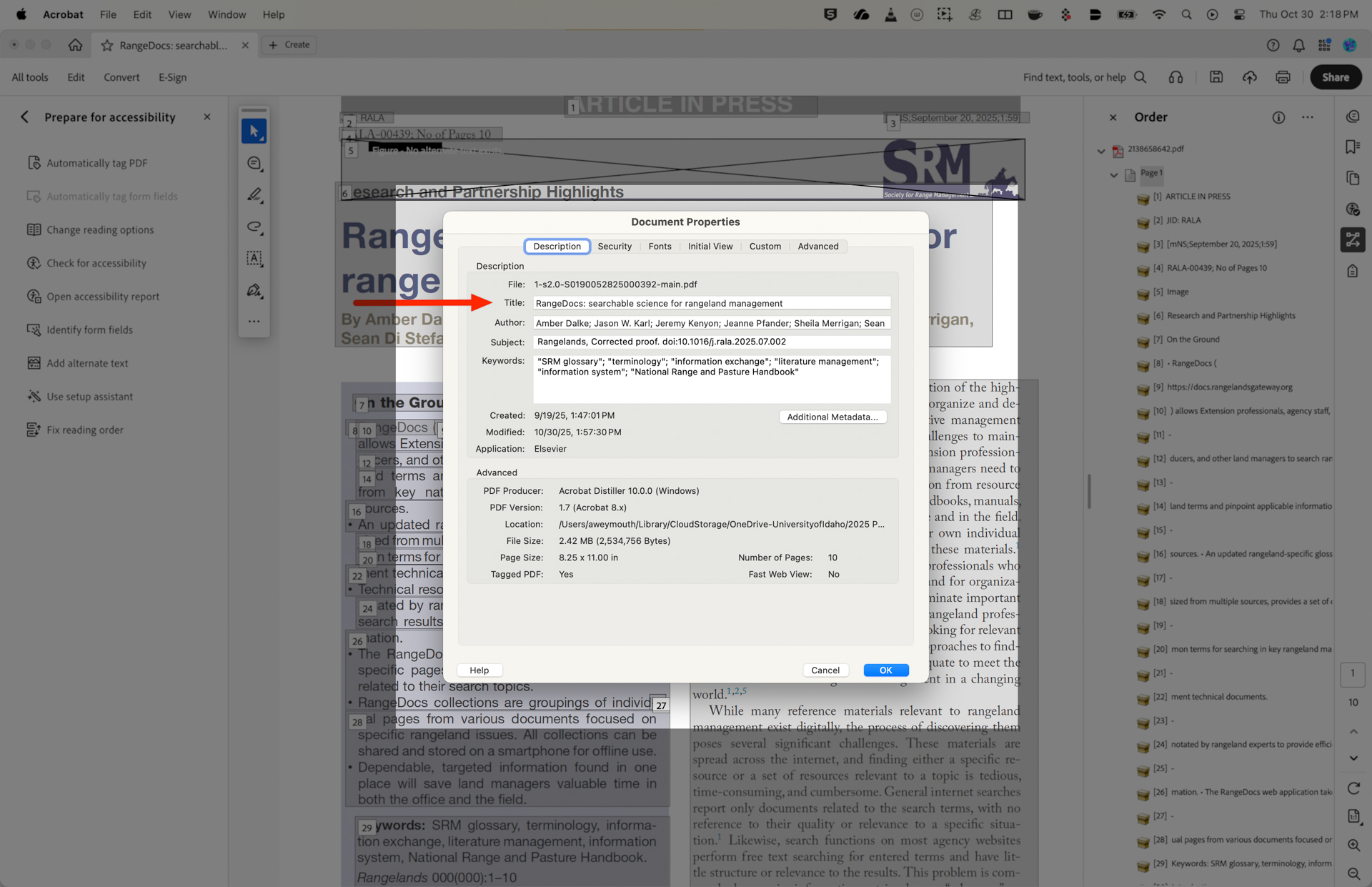 An application window displaying document properties. The properties include details such as the file name, title, authors, subject, keywords, creation and modification dates, and application used. The title is `RangeDocs: searchable science for rangeland management.` Authors listed are Amber Dalke, Jason W. Karl, and others. The subject is `Rangelands, Corrected proof.` Keywords include `SRM glossary` and `National Range and Pasture Handbook.` The application is `Elsevier.` The background shows a PDF document with text about research and rangeland management.