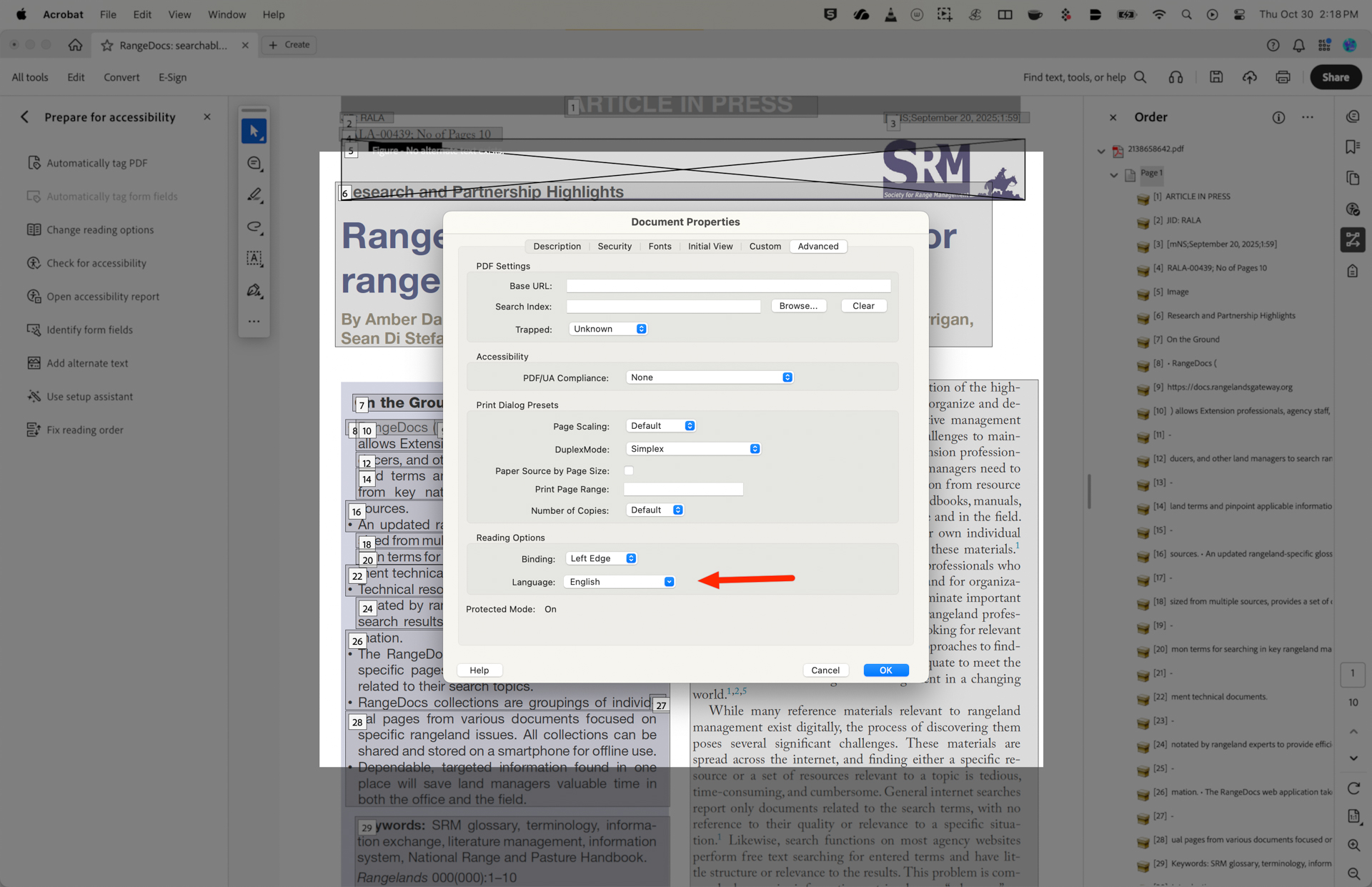 A document window with a dialog box in front showing `Document Properties.` The dialog box contains various settings such as `PDF Settings,` `Accessibility,` and `Reading Options.` The `Binding` option is set to `Left Edge,` and the `Language` is set to `English.` There is an arrow pointing to the `Language` option. In the background, a document titled `Research and Partnership Highlights` with authors listed as Amber Dady, Sean Di Stefano, and others is partially visible. The right side has an `Order` panel with a list of document sections and keywords.