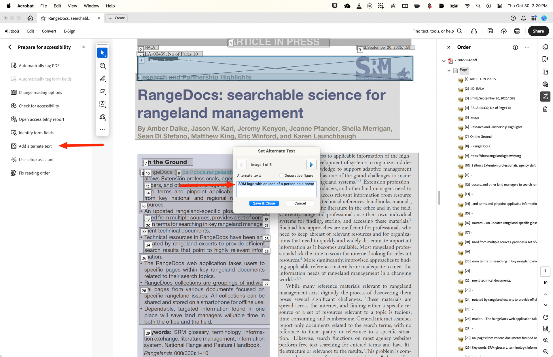 A digital screen showing a document editing interface with a sidebar menu for accessibility options. The main text is titled `RangeDocs: searchable science for rangeland management` and authored by several individuals. A pop-up window labeled `Set Alternate Text` includes a description “SRM logo with an icon of a person on a horse.” There are sections numbered with text beneath each. A file structure is visible on the right, listing various headers like `ARTICLE IN PRESS` and `On the Ground.` An arrow points to the feature `Add alternate text` in the sidebar.