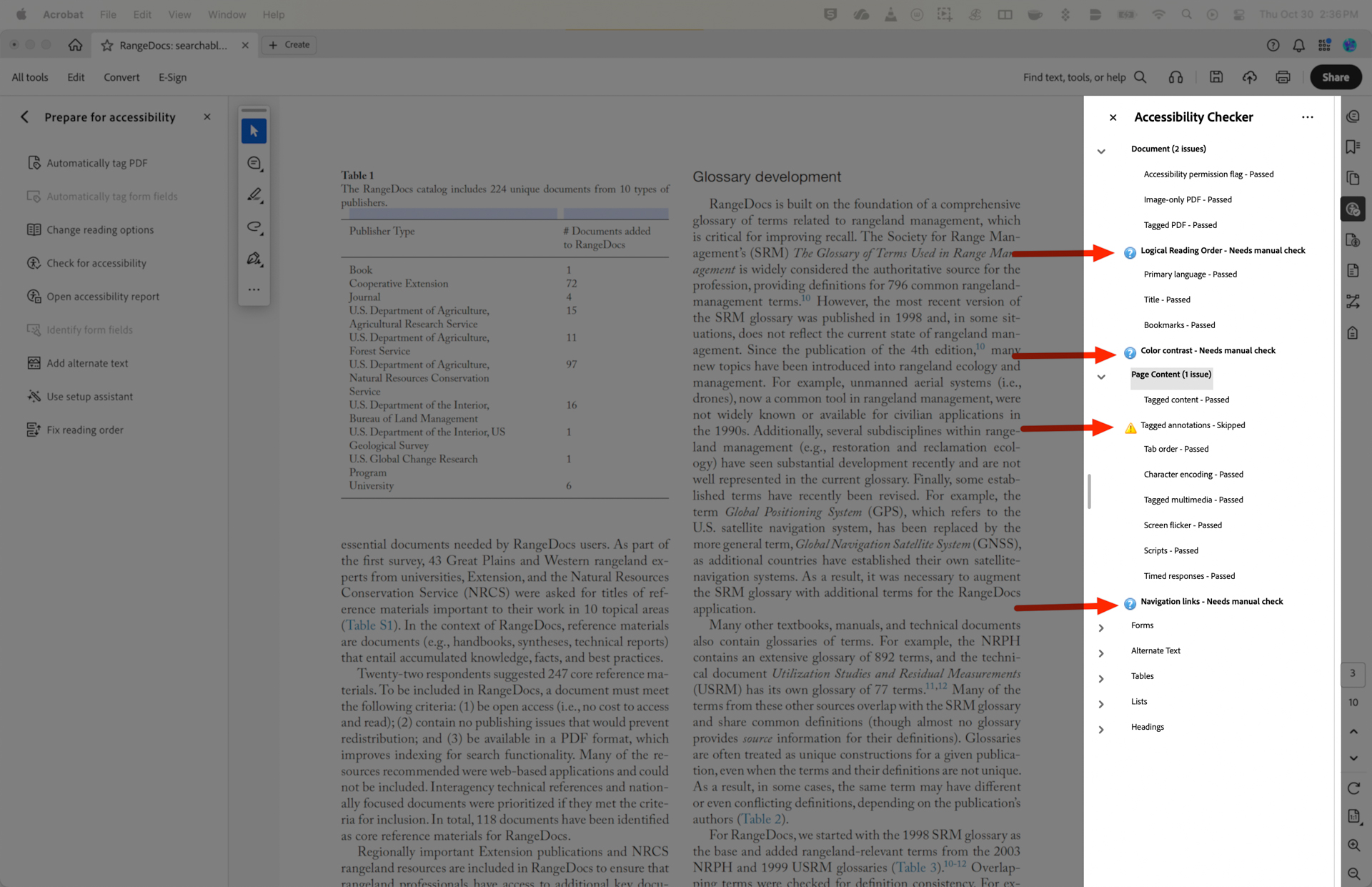 A document titled `Glossary development` with text discussing RangeDocs and glossary terms for rangeland management. On the left, there is a section labeled `Table 1` with a list of publisher types and the number of documents added to RangeDocs. On the right, there is an `Accessibility Checker` sidebar showing various items, such as `Logical Reading Order` and `Color contrast,` marked with arrows indicating they need manual checks.