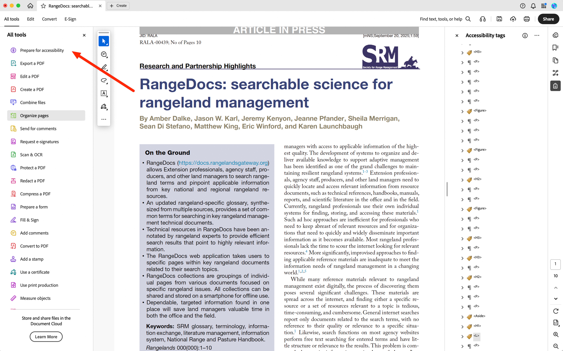 A screenshot from a digital document displaying an article titled `RangeDocs: searchable science for rangeland management` by multiple authors. The left sidebar shows a list of document tools such as `Prepare for accessibility,` `Export a PDF,` and `Edit a PDF.` An article menu is open with details about the web application `RangeDocs,` including a URL. The article discusses rangeland management and features a list of points under `On the Ground.` On the right side, there is a panel labeled `Accessibility tags` listing various tags such as <H3>, <Figure>, and <P>.