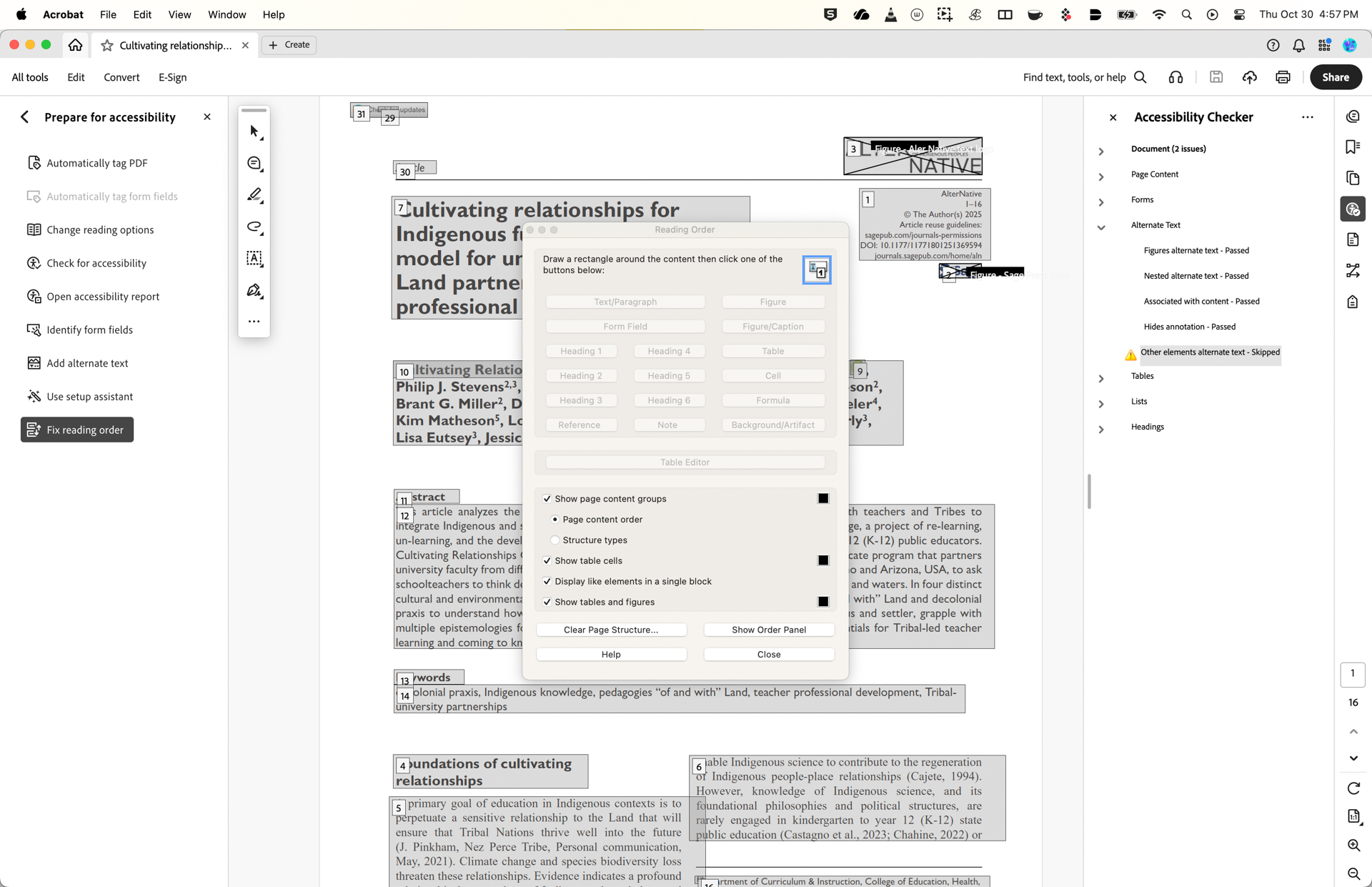 A document titled `Cultivating relationships for Indigenous futures: developing a model for university, Tribe, and Land partnerships in educator professional development` is displayed. It lists several authors from the Cultivating Relationships Collaborative. The abstract outlines efforts to integrate Indigenous knowledge and science in education. Keywords include decolonial praxis and Indigenous knowledge integration. The document has various annotations, including an accessibility checker on the right showing completed and skipped checks.