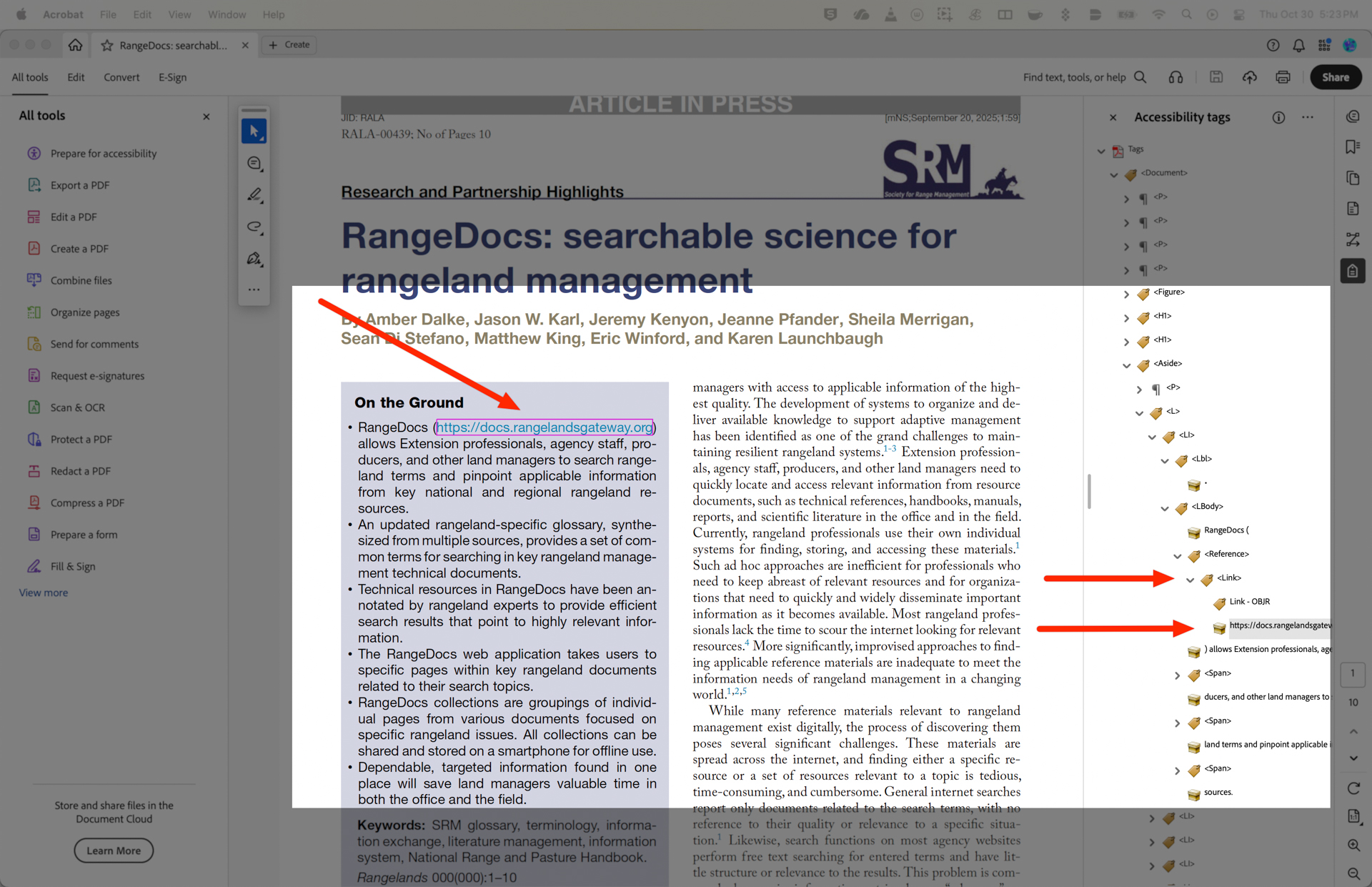 A document titled `RangeDocs: searchable science for rangeland management` by Amber Dalke and others is displayed. The article is part of the `Research and Partnership Highlights` series. Text outlines the benefits of RangeDocs, including a rangeland-specific glossary and tools for accessing relevant information. The document also includes navigation and table of contents features on the side.
