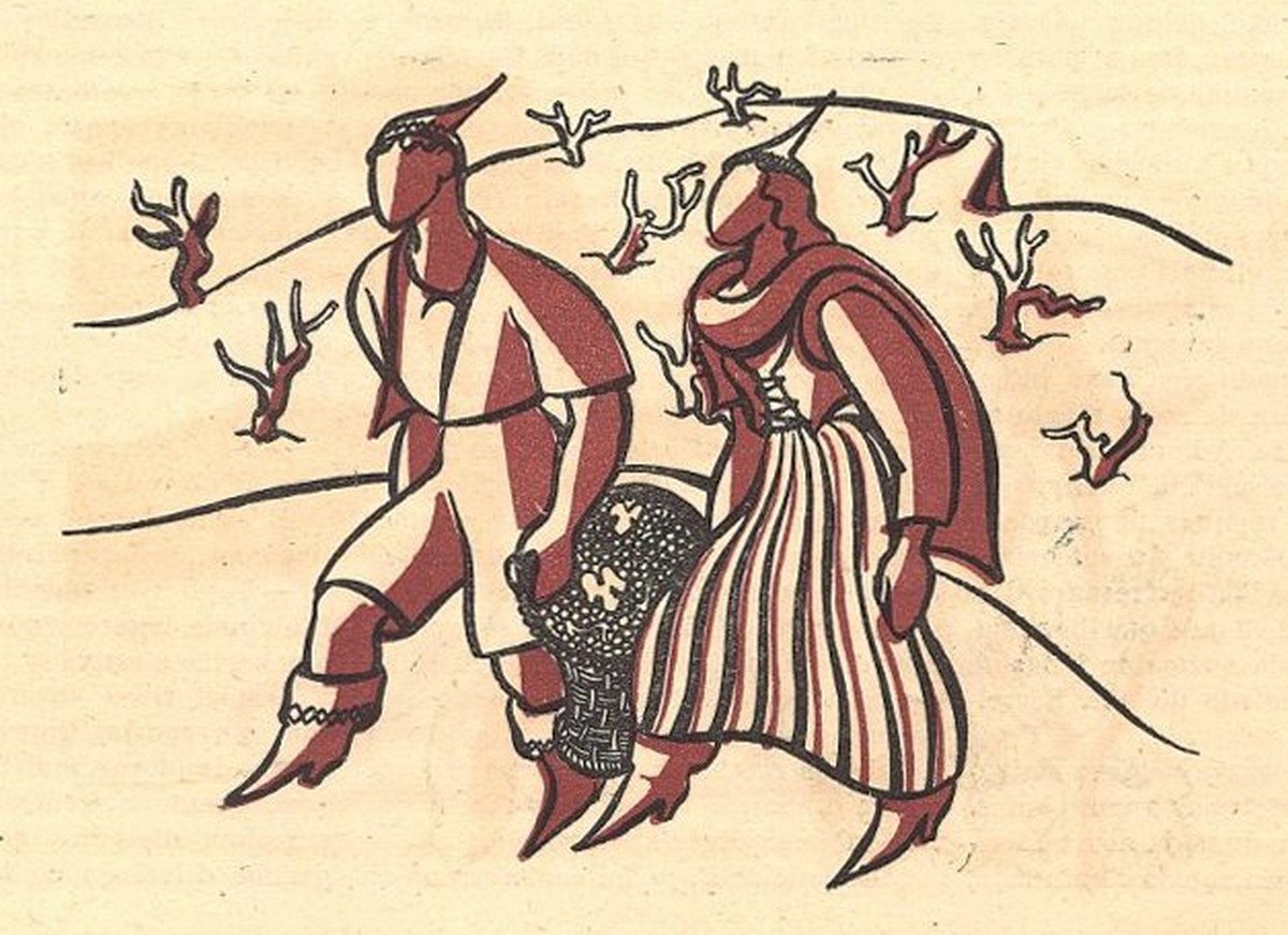 Illustration of two figures gathering grapes in a vineyard